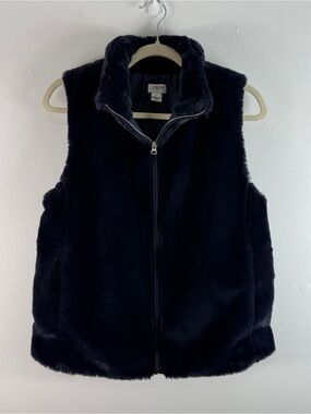 J Crew Faux Fur Vest Women’s Medium Full Zip Navy Blue Pockets